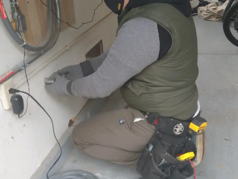Electrician performing outlet wiring in a Locust garage